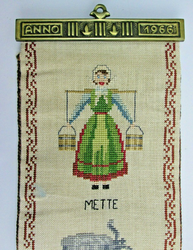 Vintage 1966 Danish Cross Stitch with Brass Ends Folkart Wall Hanging 45½ x 5¾ gallery
