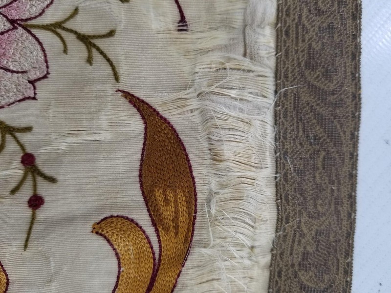 Antique French Hand Embroidered Floral Panel with Metallic Lace 118x26cm gallery