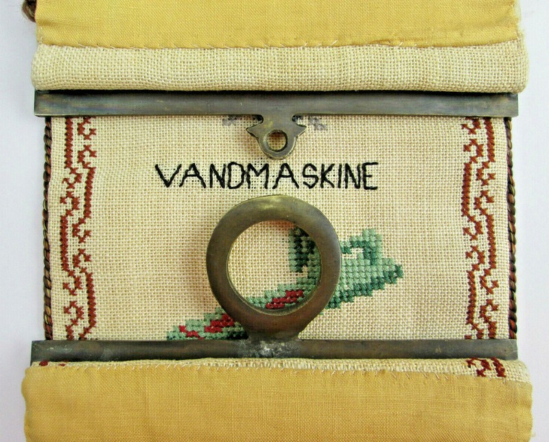 Vintage 1966 Danish Cross Stitch with Brass Ends Folkart Wall Hanging 45½ x 5¾ gallery