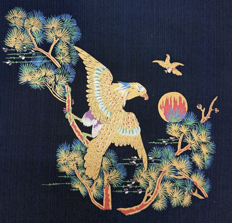 Vintage Art Silk eagle hawk pine tree branch Red Sun Painting screen-printed