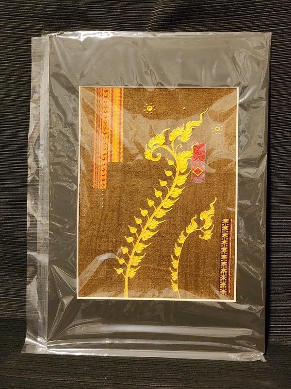 Original Thai Mixed Media Silk Woven Fabric Collage Lai Kanok Gold Relief Matted