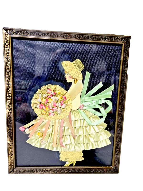 Vintage- Framed Paper Doll Ribbon Art- Lady with Yellow Dress+Flowers -9" X 11" gallery