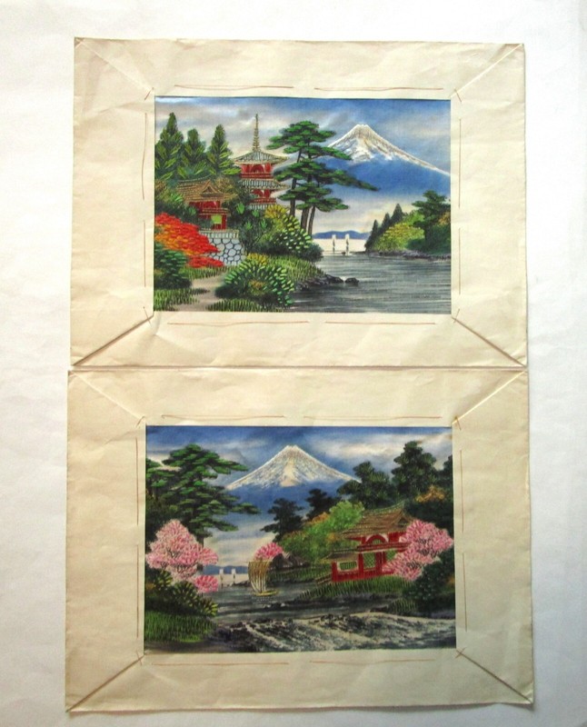 Silk Embroidered Art Vtg Japan Needlepoint Tapestry Set of 2 Mt. Fuji Landscape