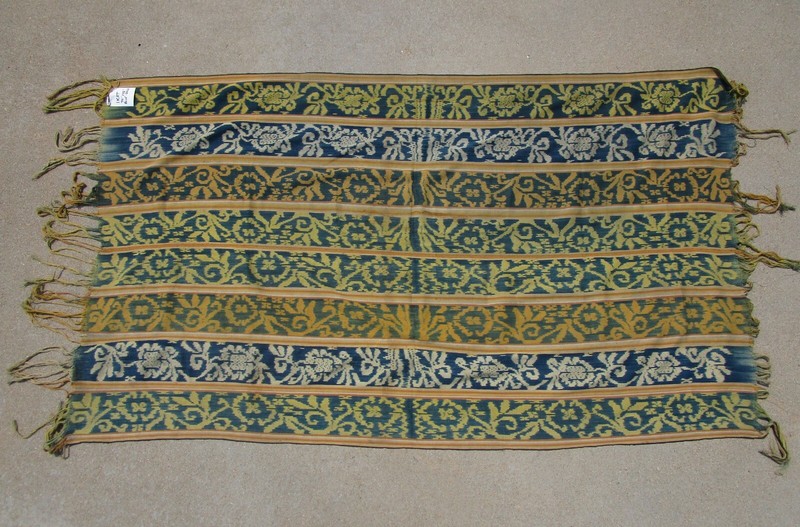 Vintage 80’s Ikat Hand Woven Textile Art 70″ x 42″ Blue and Gold Never Used