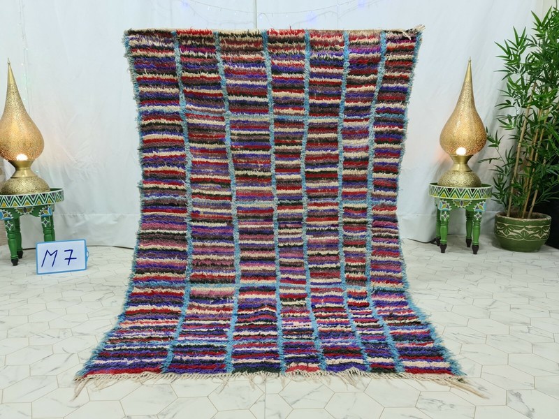 Vintage Moroccan Handmade Rug 4’1″x6′ Berber Striped Purple Red Cotton Rug