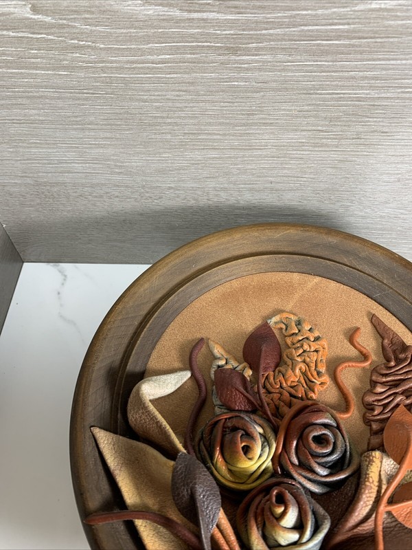 Tooled Leather Flowers Sculpture Art Wooden Wall Plate Vintage 9” Diameter gallery