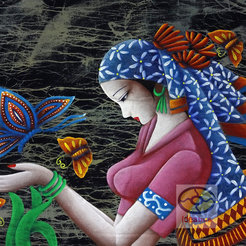 Art Home Wall Hanging Oil-painting style Batik Tapestry -Butterfly & Girl 44x33" gallery