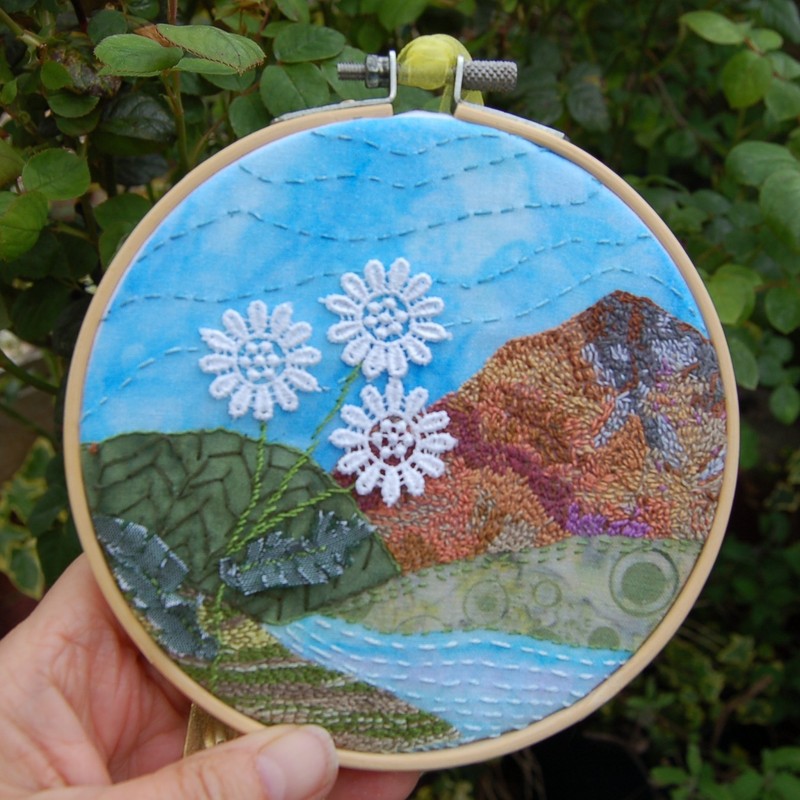 Landscape embroidery in a hoop, textile art,