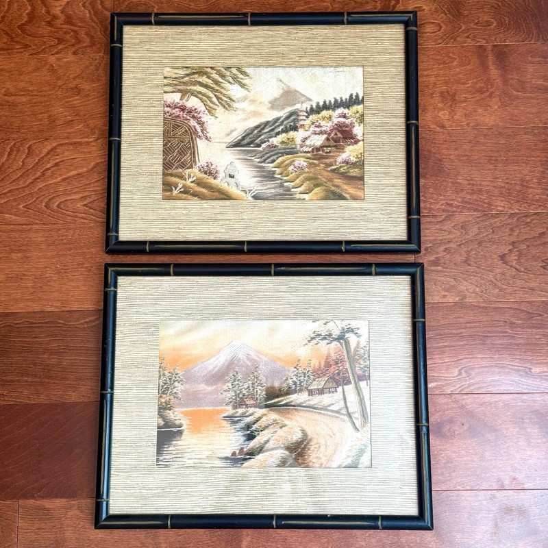 Vtg Set of 2 Japanese Silk Embroidered Art House Village Nature Framed