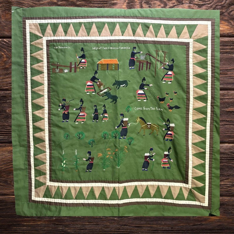 Vintage Hmong Embroidered Story Cloth Asian Folk Art Wall Hanging 35×36