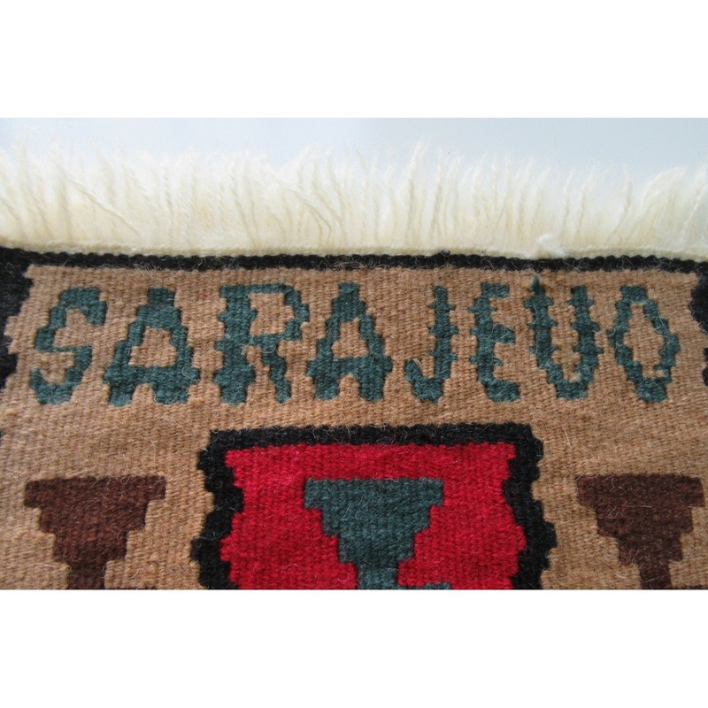 Vintage Sarajevo Wool Woven Rug Wall Hanging w/ Fringe 11" X 12" gallery