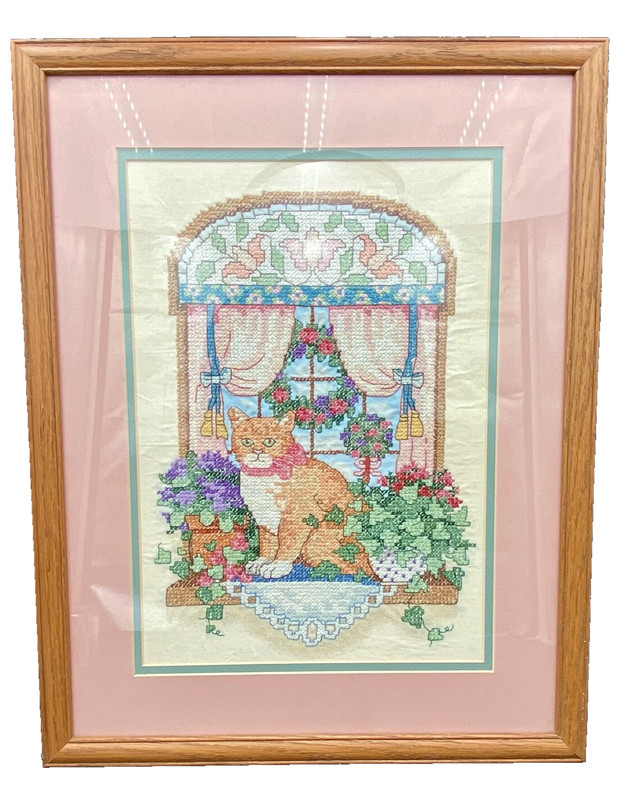 Vintage Handmade Cross Stitch Art, «Orange Cat on a Windowsill», Prof. Framed