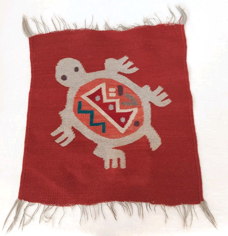 Turtle Geometric Tribal Ethnic Wall Hanging Red Wool Tapestry 23.5″ x 23″ VTG