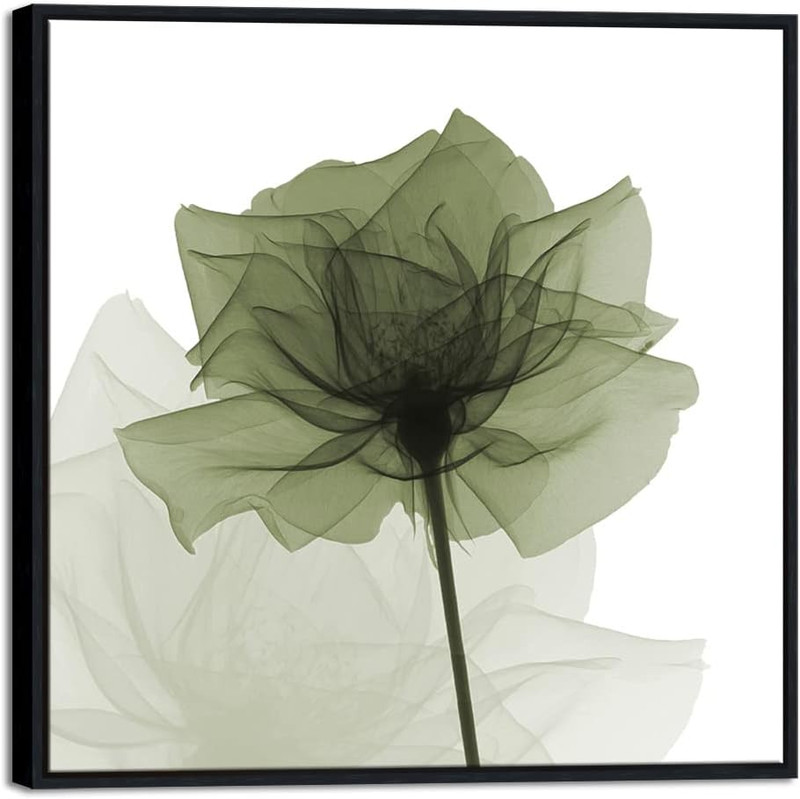 Large Green Floral Canvas Art with Black Frame – Ready to Hang Decor