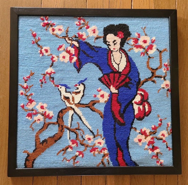 VTG Crewel Embroidery Wool Art Japan Frame Woman Birds Cherry Blossom Handmade