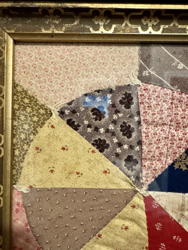 Antique 1800s Walnut Frame w/ Early 1900s Patchwork Quilt Square Textile Art gallery