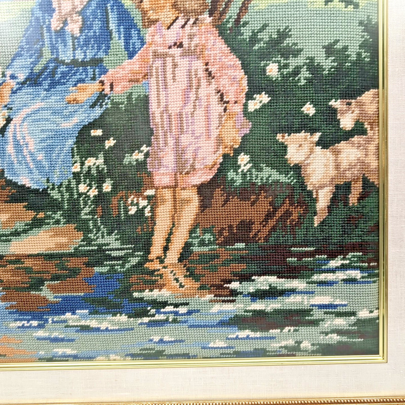 Framed Victorian Petit Point Needlepoint Art – Mother, Daughter & Sheep Scene gallery