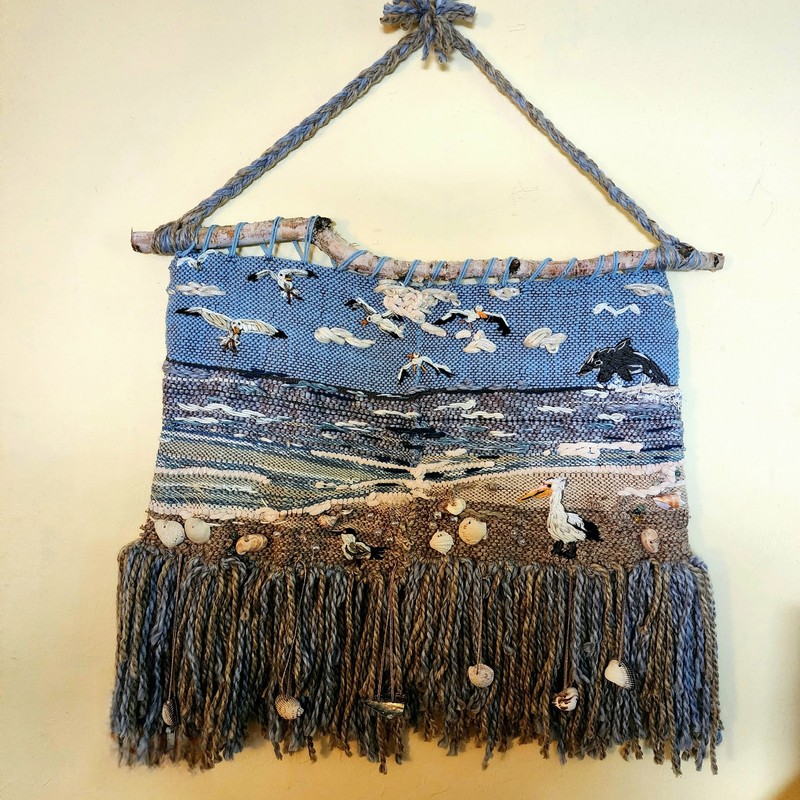The ARRIVAL. Beach Loom Weaving & Heavy Embroidery 29 W x 36 H Wall Hanging Art