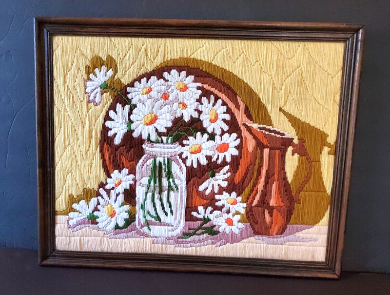 Vintage Wood Framed Crewel Daises in Mason Jar Pitcher on Shelf 15.25" Tall gallery