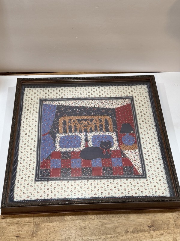 Framed Quilted Square Black Cat On Bed Kitschy Folk Art Cats Patchwork gallery