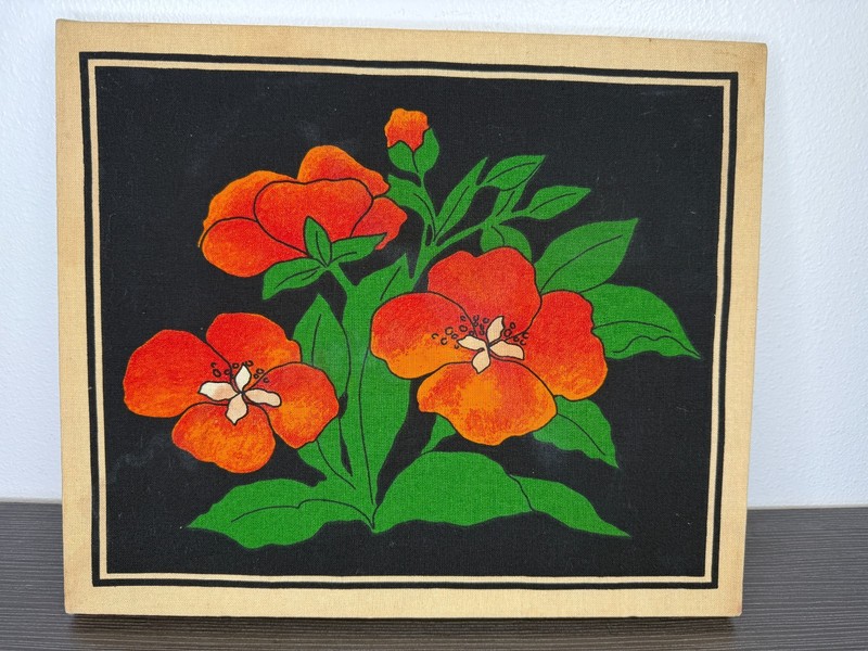 Red Poppy Flowers Painted on Fabric Framed 14″x12″ Mod MCM Art Silk Screen?