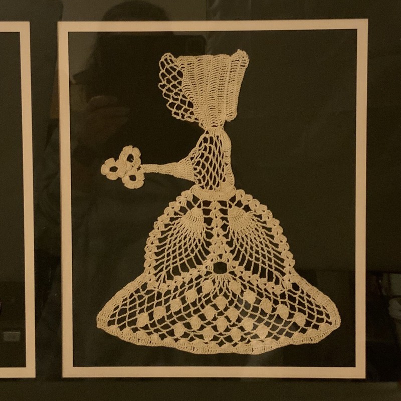 Handmade Crochet Lace Art Ladies With Bonnets Flowers Matted Framed Decor gallery
