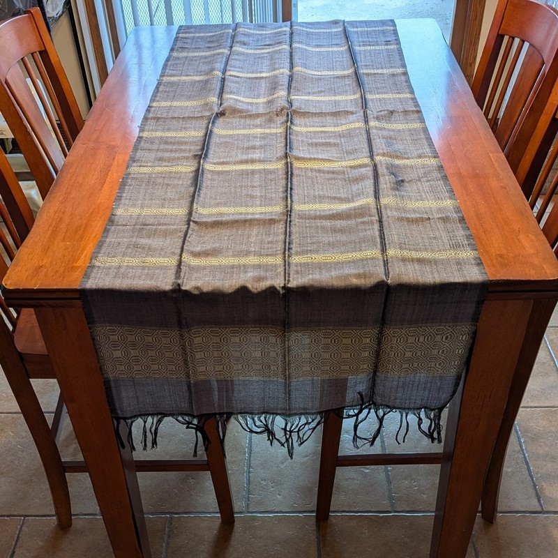 Lao Hand-Loomed Long Cotton Blue and Gold Textile Table Runner 26″ x 86″