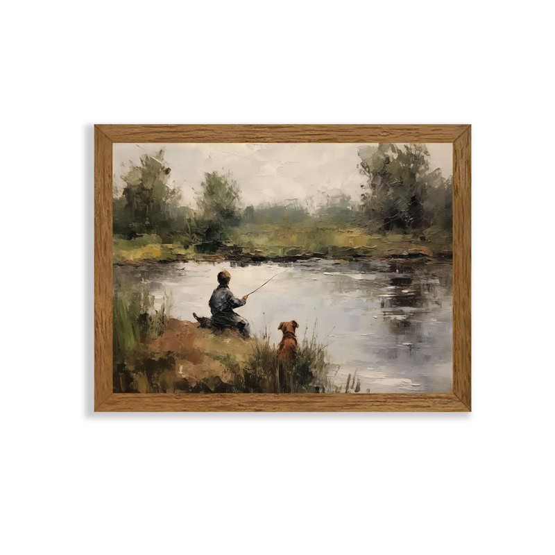Wojuin Framed Vintage Boy Fishing Canvas Wall Art, Child with Pole and Puppy ...