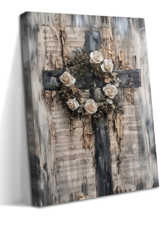 Vintage Cross Christian Wall Art, White Rose Wreath Canvas Paintings Prints P…