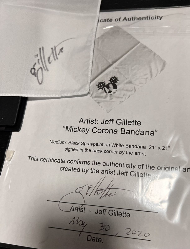 Jeff Gillette Original Stencil- Mickey Bandana II (black spray paint on bandana) gallery