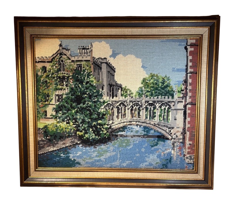 Framed Embroidered Tapestry Bridge of Sighs Cambridge England 27 x 23″