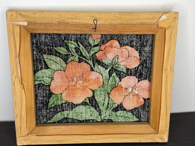 Red Poppy Flowers Painted on Fabric Framed 14"x12" Mod MCM Art Silk Screen? gallery