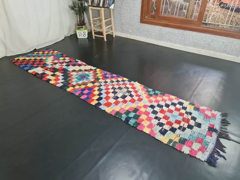 Moroccann Vintage Handmade Runner Rug 2'7x11'7ft Checkered Colorful Cotton Rug gallery