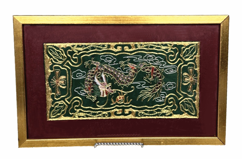 Vintage Chinese Embroidered Dragon Green Silk Tapestry Framed Wall Art 14.75″