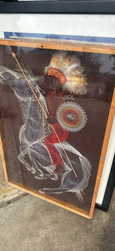 Framed Mid-Century String Folk Art of Indian on Horse 27-1/2 x 18-3/4 Plexiglass gallery