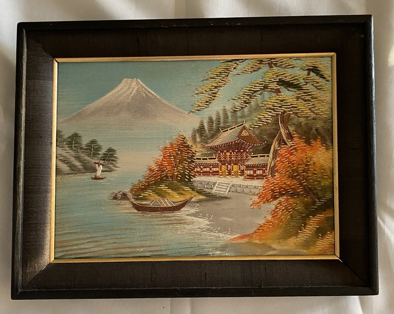 Vtg Framed Japanese Silk Embroidery Landscape Mt. Fuji Fall Colors 10.5” x 7.5"