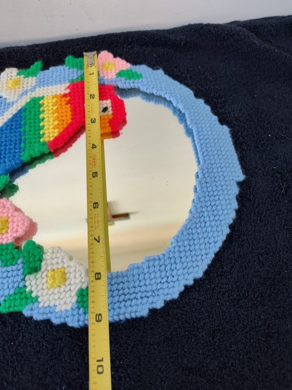Hand sewn needlepoint rainbow parrot & flowers 9"mirror gallery