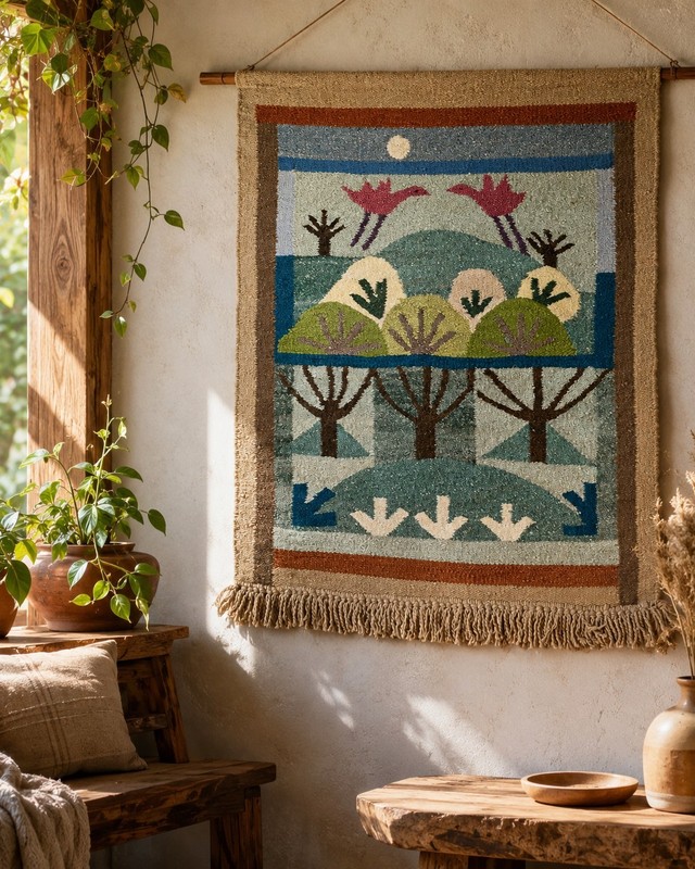 Handwoven Brazilian Wool Tapestry Wall Hanging Mata Floresta Folk Art 35×41″
