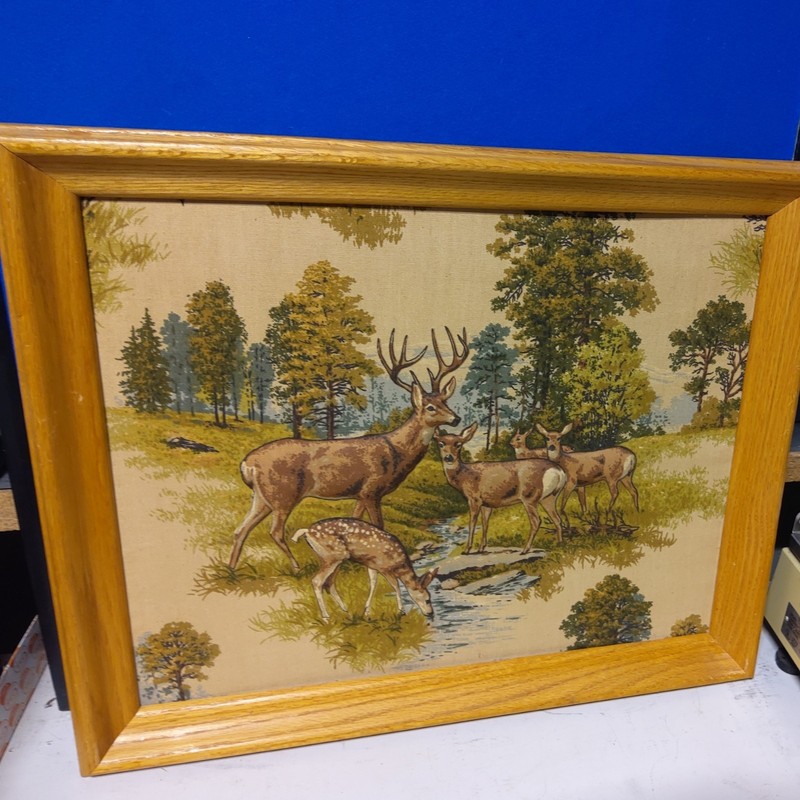 Vintage 3D «Stuffed Fabric» Framed Picture Of Deer in The Wilderness 23 x 19