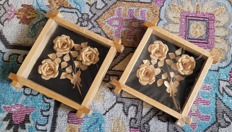 Vtg Art Wood Shaving Floral Bouque w/Butterfly Framed Black Felt Background!