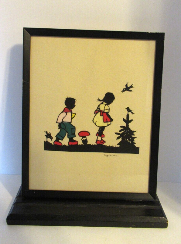 Vintage sign hand cut paper fabric textile framed silhouette art scherenschnitte