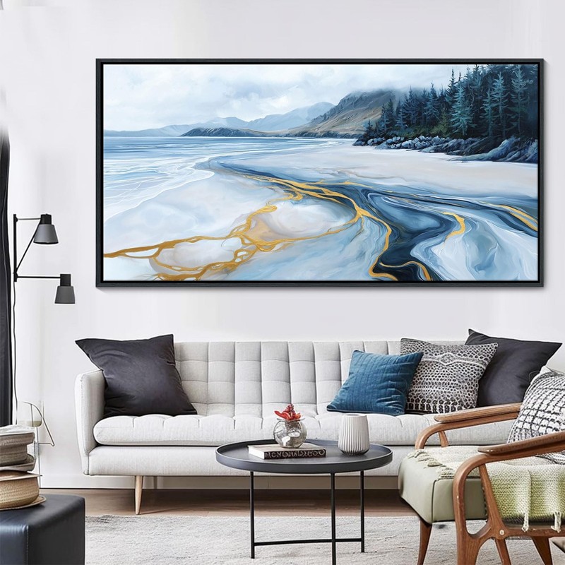 Blue and Gold Abstract Wall Art - Ocean Beach Pictures for Living Room Coasta...