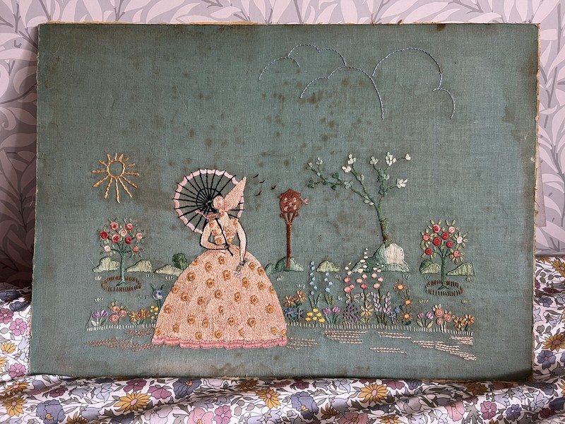 Vintage English Silk Embroidery Panel Picture Crinoline Lady Flowers To Frame
