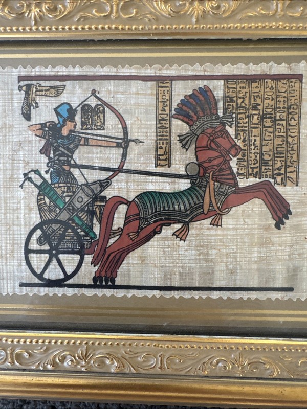Set Of 2 Egyptian Art Hand Painted Papyrus Paper Golden Chariot FRAMED 9”x7” gallery