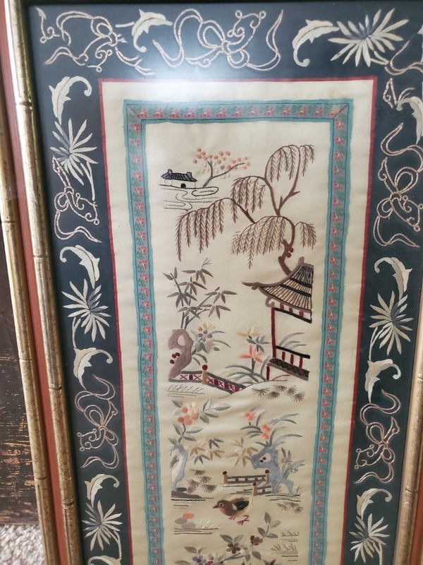 Silk Asian Embroidered Panel Vintage Art Bamboo Landscape gallery