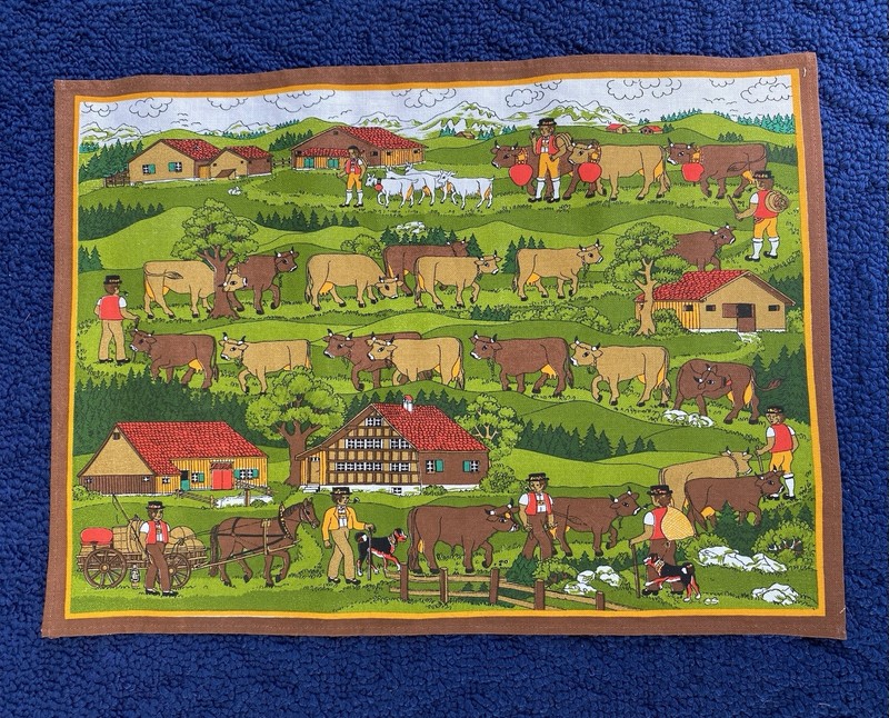 Vintage Switzerland Village Folk Art Fabric