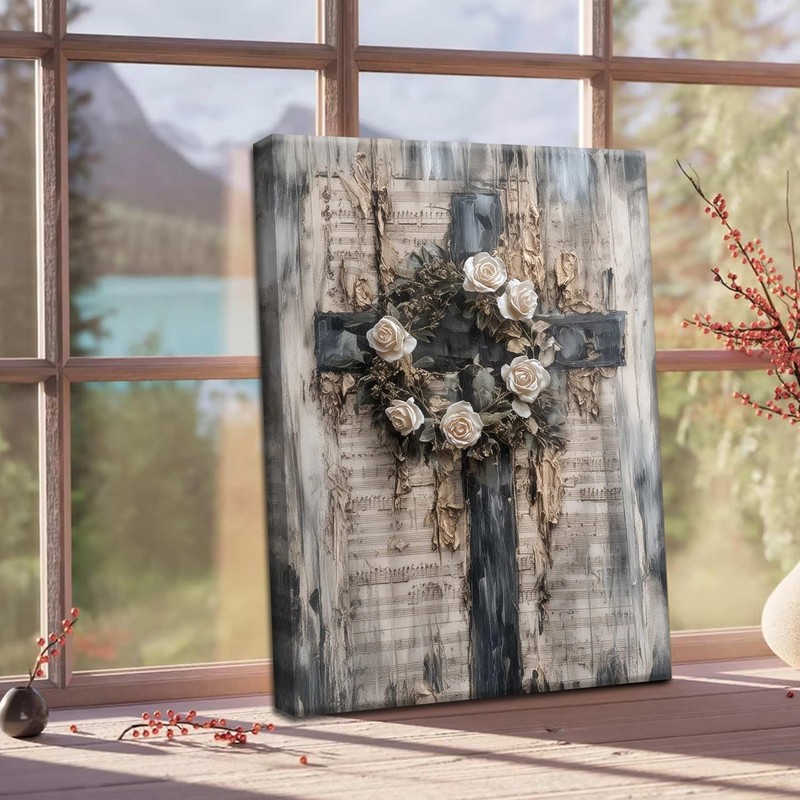 Vintage Cross Christian Wall Art, White Rose Wreath Canvas Paintings Prints P... gallery