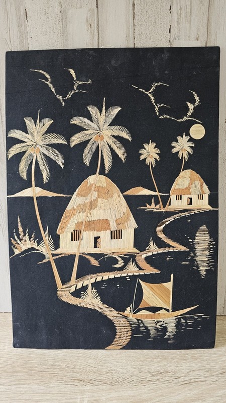 Vintage 1960’s MCM Asian Picture Village Huts And Boat With Palm Trees 20×14