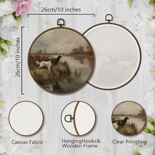 Vintage Hunting Dog Round Framed Wall Art Decor, Rustic 10"L x 10"W hunt dog gallery