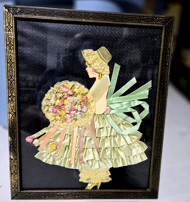 Vintage- Framed Paper Doll Ribbon Art- Lady with Yellow Dress+Flowers -9″ X 11″